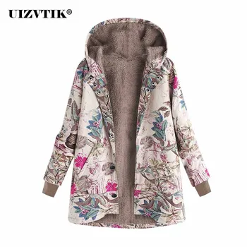 

Autumn Winter Jackets Women 2020 Casual Plus Size Loose Single-breasted Hooded Coat Female Vintage Print Fleece Long Parkas 5XL