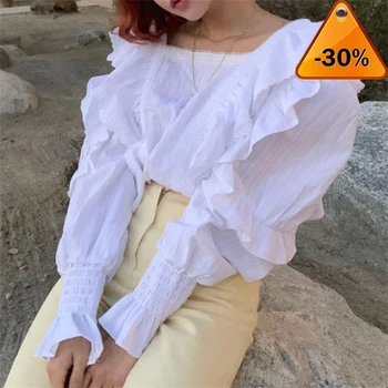 

All Match Chic Vintage Stylish Cute Square Collar Women Lantern-Sleeved Autumn Sweet Office Lady Streetwear Shirts