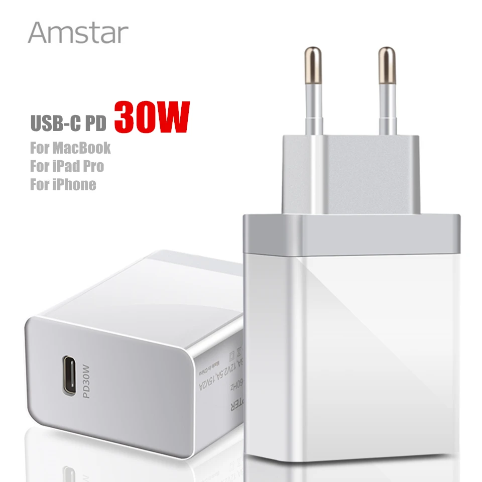 Зарядное устройство Amstar PD 30 Вт USB Тип C быстрая зарядка для iPhone 12 11 Pro Max X Macbook QC3.0 4 0 3