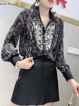 

Trendy retro printing hit color chiffon shirt ladies spring and autumn loose temperament wild personality tops