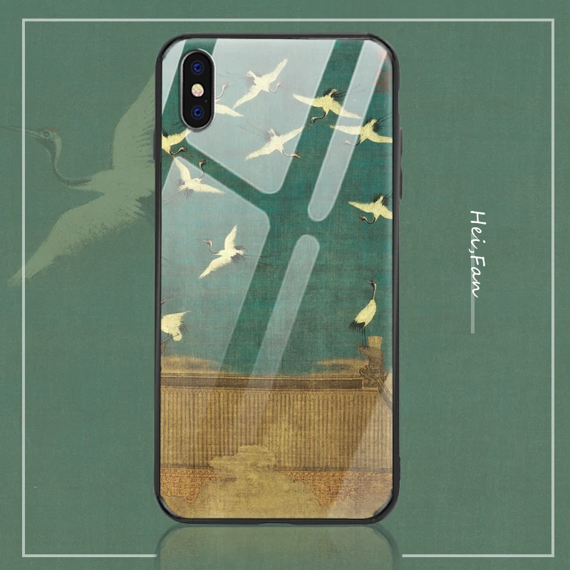 

For iPhone xr xsmax 6/7 / 8 11 case tempered glass mobile phone case white crane Chinese style tpu silicone anti-fall soft shell