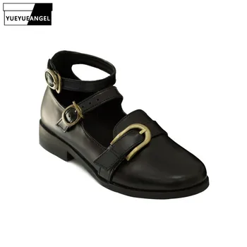 

New Fashion Women Buckle Straps Genuine Leather Shoes Casual Vintage Pumps Preppy Style Block Heels Round Toe Comfortable Shoes