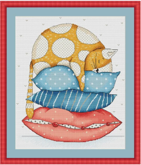 a-MM Gold Collection Counted Cross Stitch Kit stitch RS cotton with cross Fat cat on the pillow | Дом и сад