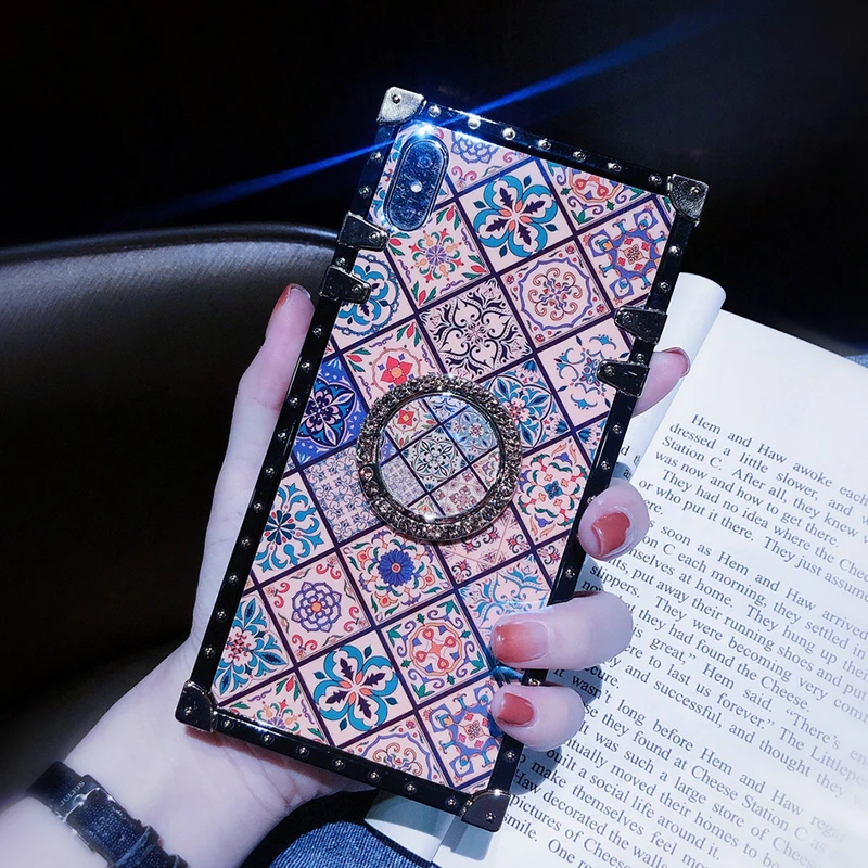 Luxury Square Blu-ray Bohemian Ethnic Style Frame Case for iPhone 7 8 Plus 6 s 11 pro xr xs Max X Soft Silicon for Samsung Cover (14)