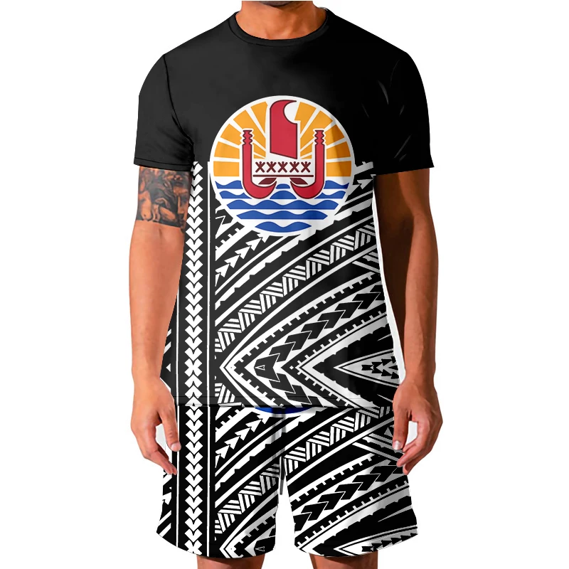 Polynesia Tribal Aloha  Men Clothing Tracksuit Sets  Tops T-Shirt Shorts Suit Male Female Fashion Short Sleeve Two Piece Set 5XL