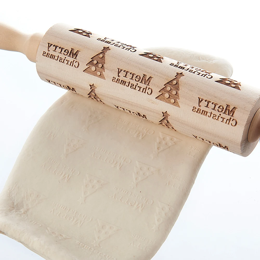 

Rolling Pin Embossing Christmas Baking Engraved Wooden Cookies Roller Cake Dough NEW