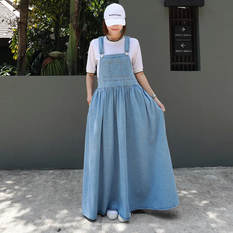 

Spring Autumn Denim Dress Women Jeans Sundress 2019 New Korean Edition Solid Sleeveless Spaghetti Strap Pocket Casual Long Dress
