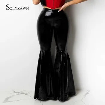 

High Waist PU Leather Skinny Flare Pants Women Sexy Bell Bottom Glitter Trouser Fall Korean Harajuku Black Clothes Plus Size