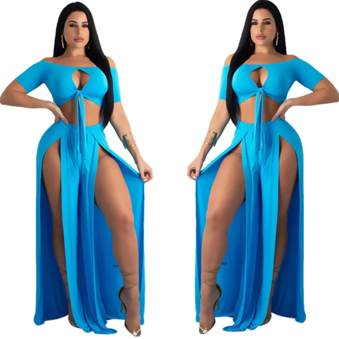 

Fashion Women Nice Summer Solid Crop Top And Long Skirt Two Piece Set Vintage Short Sleeve Split Hollow Out Plus Size Outfits