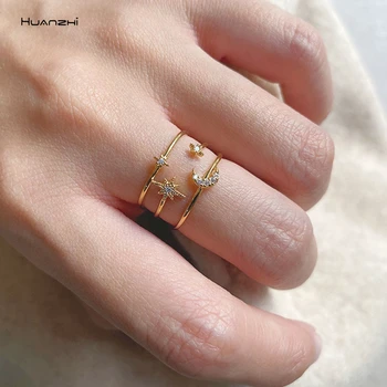 

HUANZHI 2020 New Simple Three floors Ring Mosaic Zircon Star Moon Multiturn Adjustable Ring For Women Girls Party Jewelry Gifts