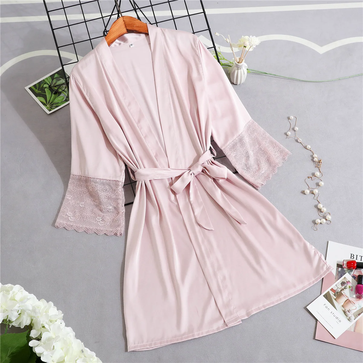 Элегантное розовое однотонное женское кимоно платье халат сексуальное кружевное три четверти рукав ночная рубашка ночное белье удобный мягкий атласный Свадебный Халат