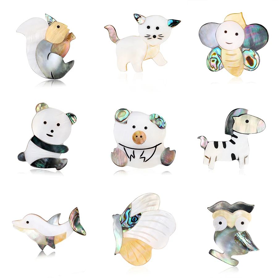 

Natural Shell Cute Animal Brooches Owl Butterfly Bee Pig Panda Cat Horse Shell Enamel Pin Brooch for Women Weddings Jewelry Gift