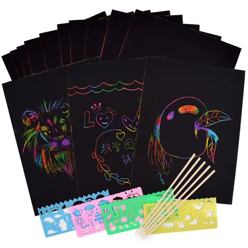 50 hojas MOPOIN Cuadros de rascar para niños lápiz de bambú arco iris para dibujar creativo juego de papel para niños libro de rascador con plantillas 16 K regalo DIY 