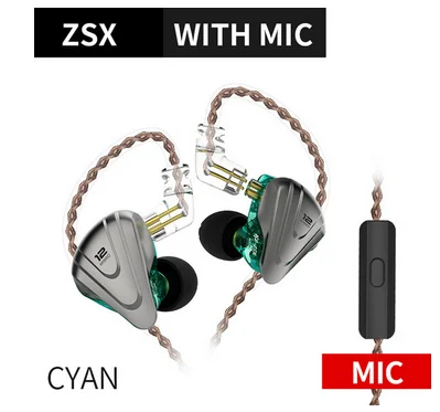 KZ ZSX HiFi наушники 12 драйверов 5BA+ 1DD Терминатор HiFi монитор DJ Bass/Hybrid 3,5 мм стерео наушники с шумоподавлением гарнитура - Цвет: CYAN with mic