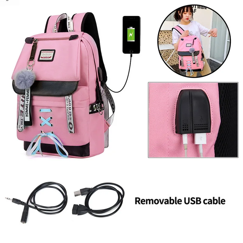 Женские модные рюкзаки с зарядным портом usb для девочек, яркие цвета, ремешок, кружевная декорация, школьная сумка Рюкзаки большой вместимости