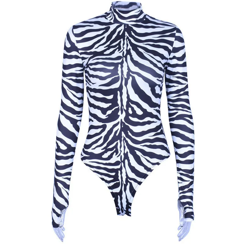 Zebra Print Long Sleeve High Neck Bodysuit 2019 Women Sexy Body Elegant Autumn Winter Rompers