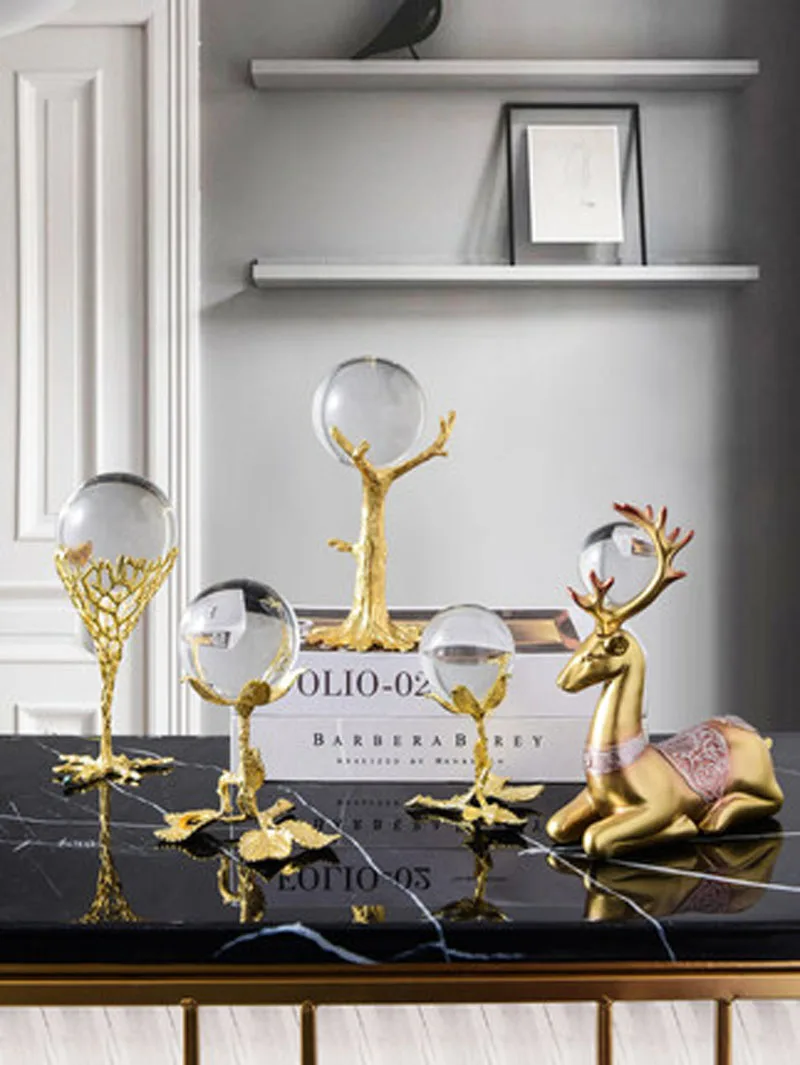 Nordic Crystal Ball Leaves Tree Ornaments, Golden Iron Crafts, Creative Home Decor, Cabinet Porch Desktop Decoration