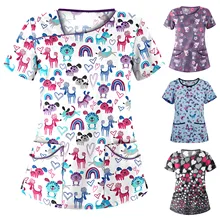 Blouse Uniforme Short-Sleeve Floral Femenino Nurse Women Neck-Tops