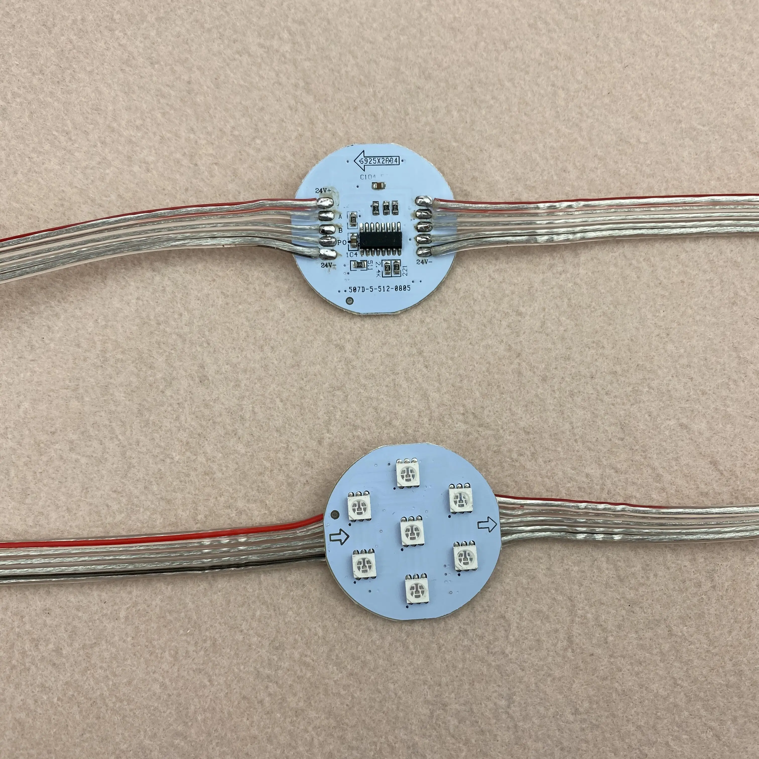 20pcs/string;IP20;DC24V RGB DMX512(UCS512 chip);5050 SMD addressable pixel;1.68W;40mm diameter round type