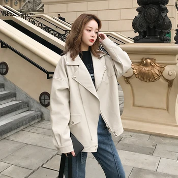 

Spring Autumn New Fashion Women Leather Jacket Harajuku Long Sleeve PU Washed Leather Women Coat Wild Loose Ladies Coats D3429