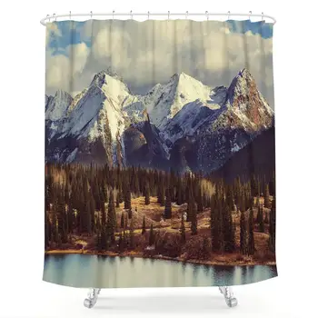 

Snow Mountain Landscape Shower Curtain Natural Forest Colorado Winter Snowy Pine Tree Blue Sky Lake Fabric Waterproof Bathroom