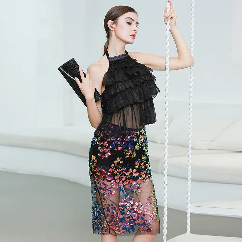 

Women Two Piece Casual Outfit Halter Backless Silk Sleeveless Sexy Crop Top Sequin Mesh Skirt 7811