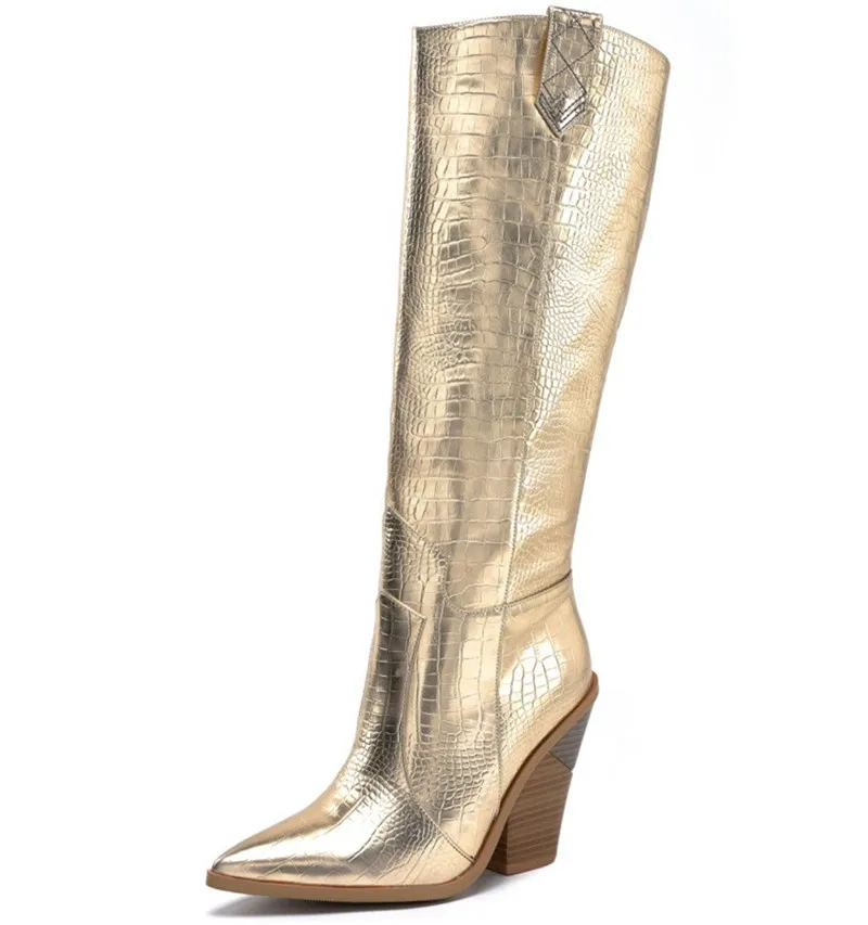 PXELENA г. Большие размеры 34-45, модные женские сапоги до колена на Высоком толстом каблуке зимние сапоги золотистого цвета с острым носком высокие сапоги - Цвет: Gold