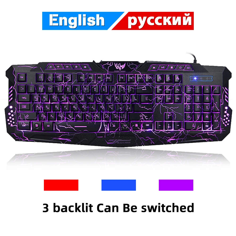Игровая клавиатура с русской и английской раскладкой цветная дышащая подсветка