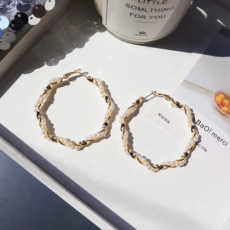 TEH Temperament Korean Trendy Geometric Hoop Earrings For Women Simulation Pearl Metal Big Circle Statement Jewelry | Украшения и