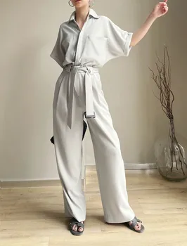 

High End Safari Style Jumpsuit Women's Clothing Gray Short Sleeves Pocket Cuff Up Playsuit Office Lady Wear Loose Sash Wide Leg