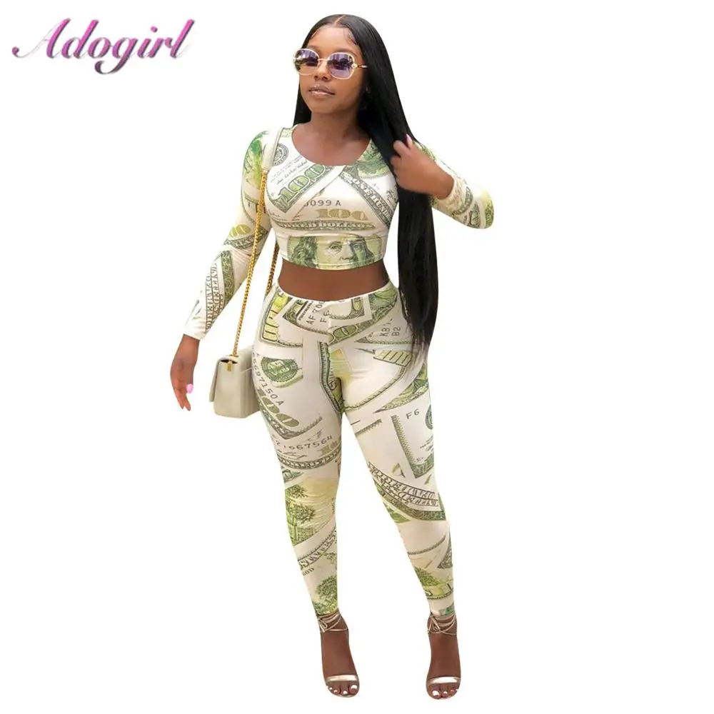 

Casual Money Dollar Print Two Piece Set Women Full Sleeve O Neck Crop Top T Shirt Long Pencil Pants Suit Female Outfit Tracksuit