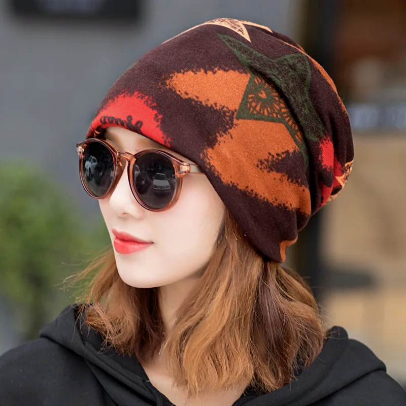 

Hot Sale Women Hat Polyester Adult Casual Floral Women's Hats Spring Autumn Two Used Female Cap Scarf 5Colors Fashion Beanies