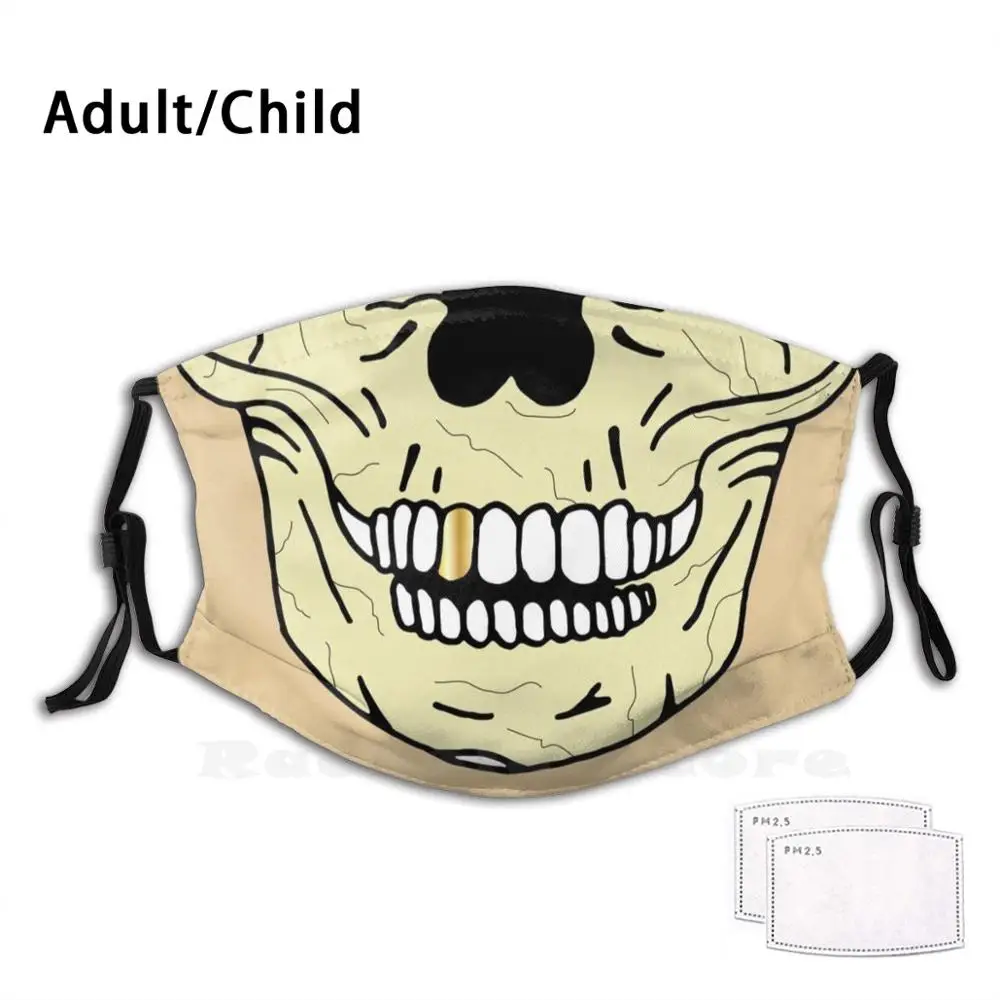 

Cracked Skeleton Skull With Gold Tooth Funny Print Reusable Filter Face Mask Cracked Skeleton Skull Head Gold Tooth Gold Teeth