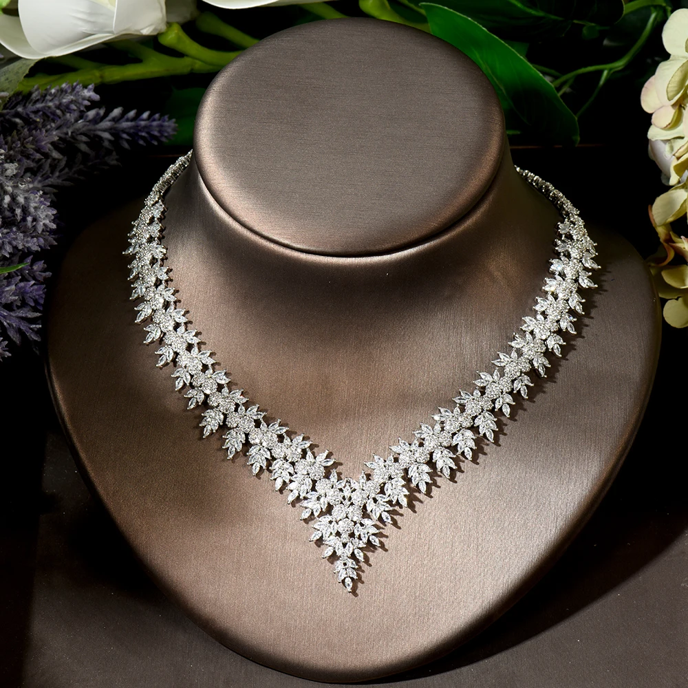 HIBRIDE Geometric Sparkling Fancy White Cubic Zirconia Necklace Earrings Set for Women Dubai White Color Bridal Jewelry N-1837 - Image 4