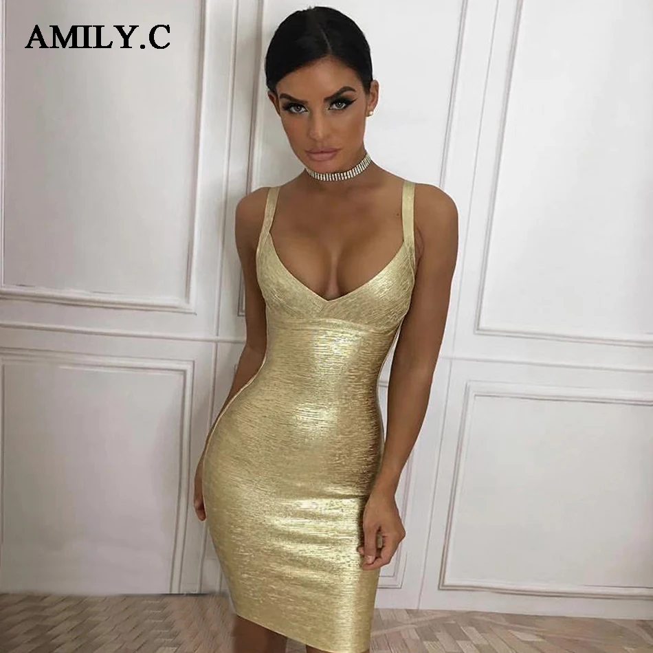 Amily. c новое летнее женское облегающее Бандажное платье Vestidos Золотое розовое золото и серебро с v-образным вырезом тонкое модное женское платье