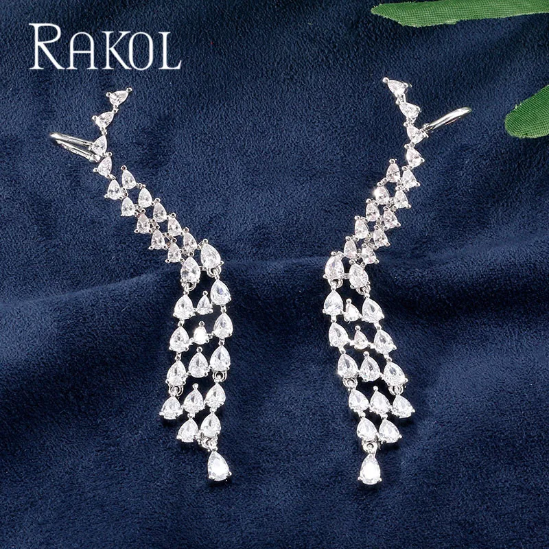 Роскошные длинные висячие серьги RAKOL с кубическим цирконием для женщин, серьги-манжеты из белого золота с кристаллами, вечерние ювелирные изделия - Окраска металла: White