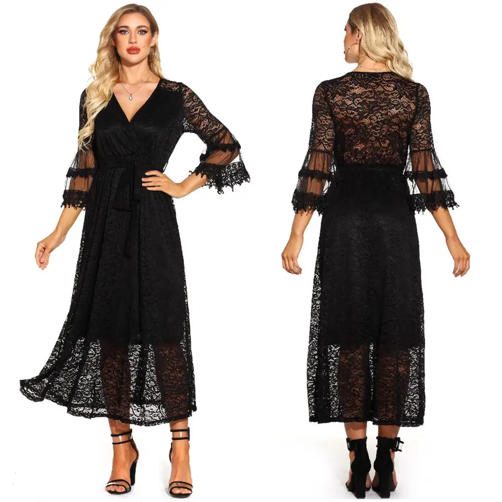 Женское кружевное платье с вышивкой черное/Красное ажурное вечернее коротким