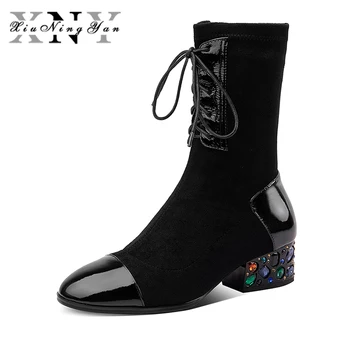 

Xiuningyan New Fashion Black Genuine Leather Women Winter Boots Short Plush Round Toe Comfortable Low Heel Mid-Calf Lady Boots