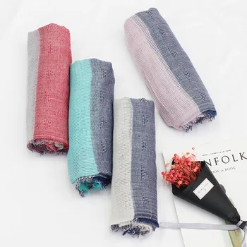 

New Japanese Cotton and Linen Scarf Women Sunscreen Travel Shawl Retro Artistic Hollow Out Geometric Stripe Fringe Scarf Men