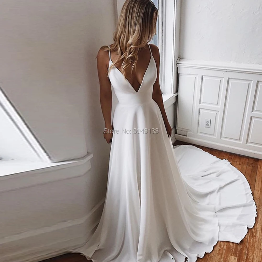 #^Special Price Sexy Diepe V-hals Trouwjurken 2020 A Line Satin White Applique Backless Bruidsjurk Mouwloze Bandjes Sweep Trein Bruid jurk