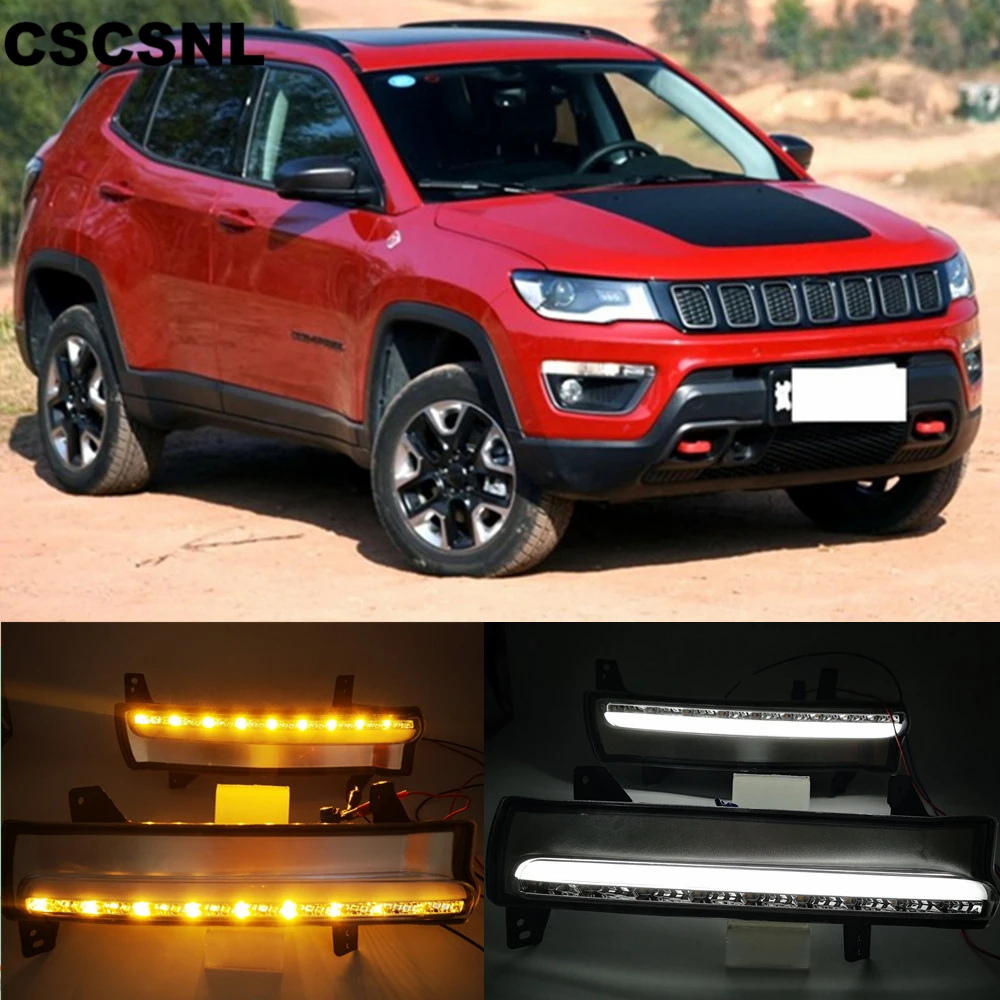 Дневные Бег светильник для Jeep Compass динамический желтый указатель поворота светильник стиль реле 12V светодиодный автомобиль DRL Противотуманные лампы