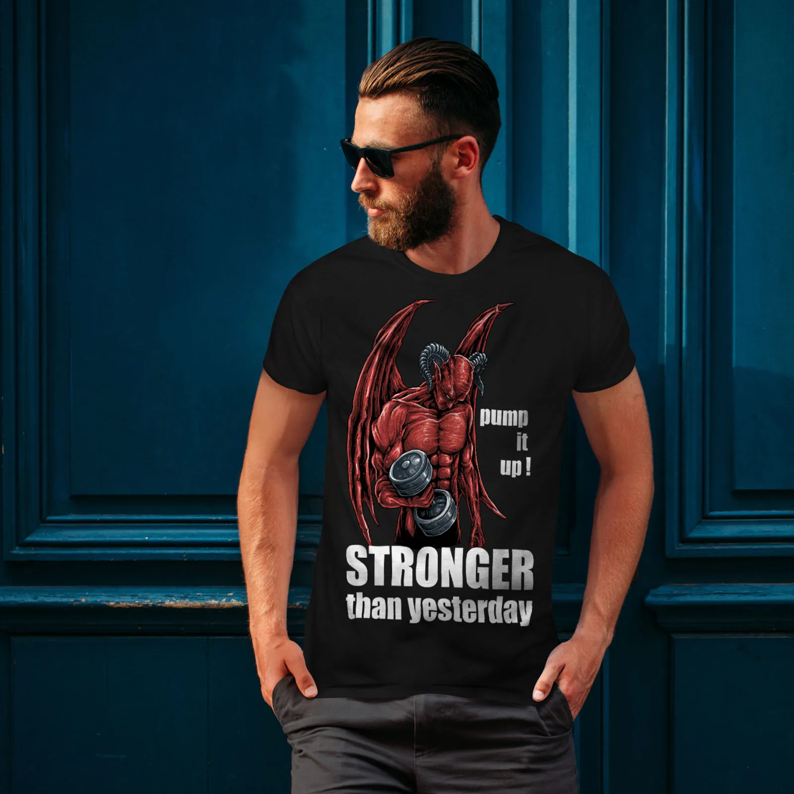 

Stronger Than Yesterday Gym Devil Satan Graphic Design Printed T-Shirt. Summer Cotton Short Sleeve O-Neck Mens T Shirt New S-3XL