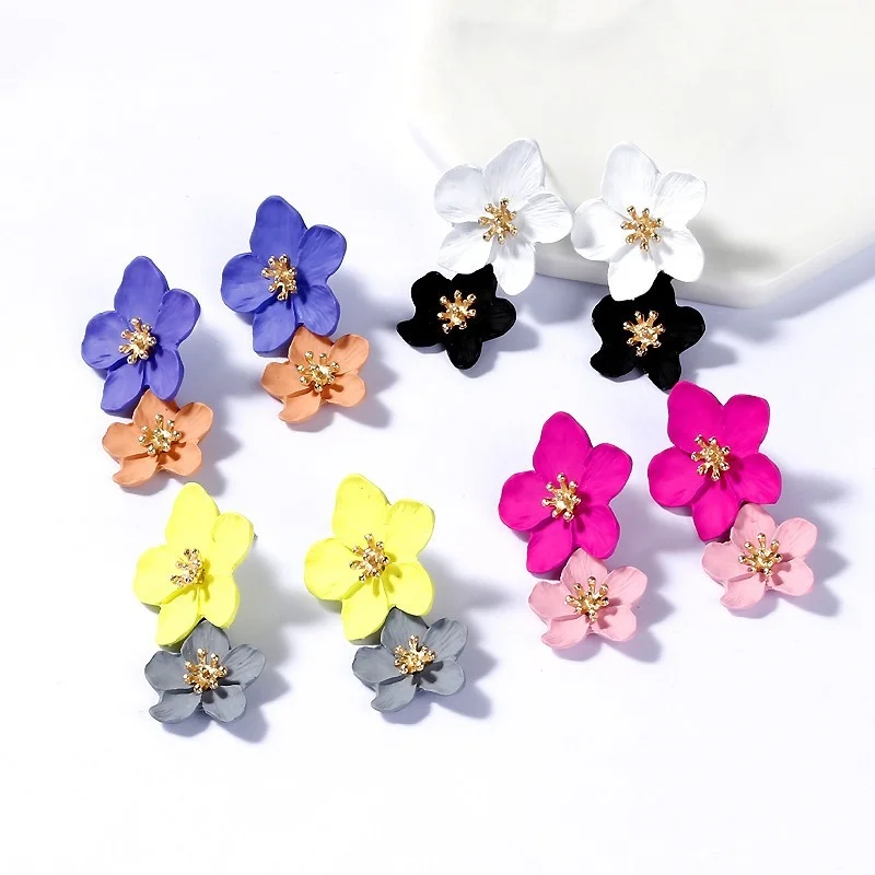 Flower Earrings New Design Fashion Jewelry Big Double Flower Mixed Color Earrings for Women Summer Style Party Wedding Exaggerated Earrings