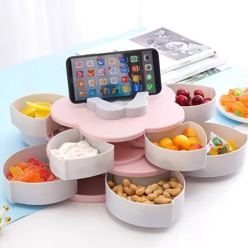 

Flower Type Rotating Candy Box Plastic Snack Storage Tray Family Snacks Partition Box Mobile phone Holder Stand