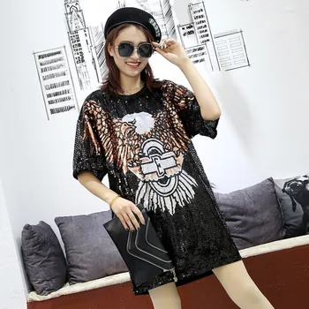 

Sequined short-sleeved t-shirt women loose short-sleeved hip-hop plus size shirt in the long section tide brand sequined top