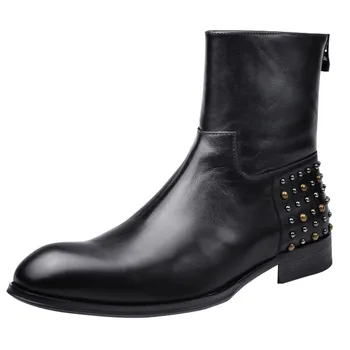 

Pointed Fashion Office Men Toe High Top Work Ankle Luxury Real Cow Leather Safety Shoes Man Rivet Studded Punk Party Boots