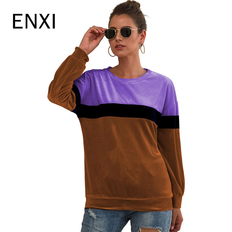 

ENXI Autumn 3 Colour Patchwork Pregnancy Shirt Long Sleeve Maternity Clothes Pregnant Women T-shirt Maternity Tops