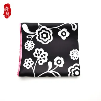 

Black 100% natural pure silk satin scarf women with white flower printed 90cm square scarves bandana neck shawl luxury lady gift