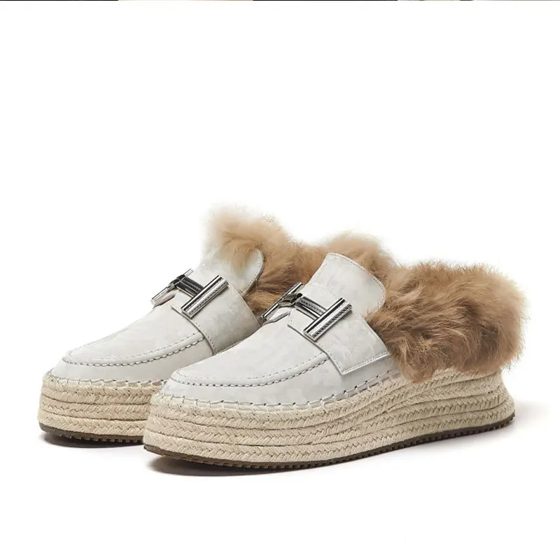 

Women’s Fashion Mules Hemp Rope Platform Flats Shoes Genuine Leather Backless Angola Fur Slipper Slip On Loafer Shoes Lazy shoes