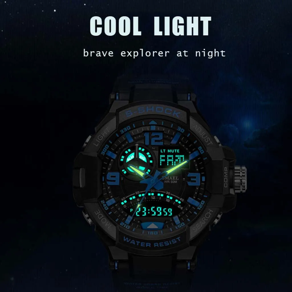 Часы наручные мужские спортивные водонепроницаемые светящиеся с двойным